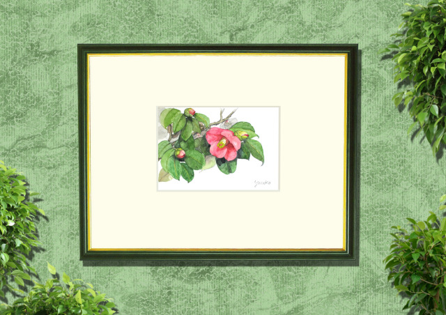 志村好子「椿」10・水彩（画寸128×185・額寸318×410mm）