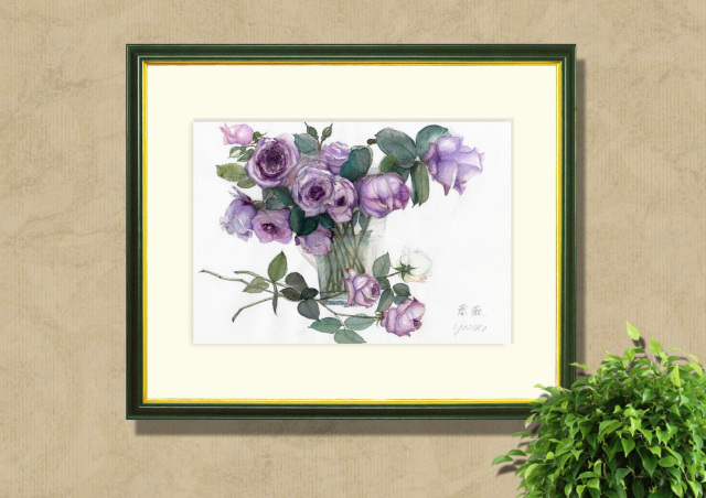 志村好子「薔薇(紫）」水彩画（（絵寸250×330・額寸377×454mm）