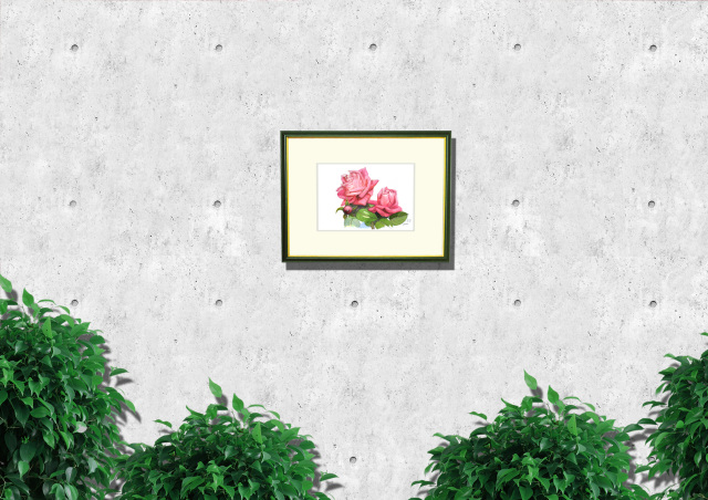 水彩画・志村好子「薔薇」（絵寸160×242・額寸318×410mm）