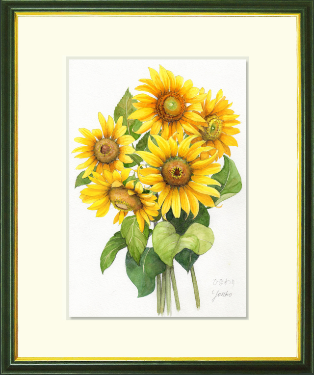 水彩画「ひまわり」（絵寸210×297・額寸377×454mm）志村好子