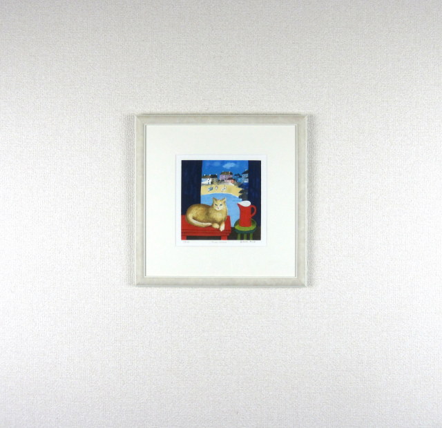 猫の絵・ブレンダ・キング「窓辺の猫」リトグラフ 額寸・450×450mm
