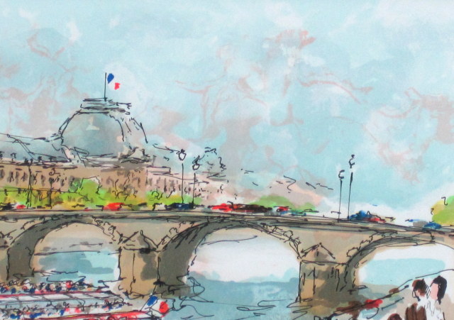 フランス風景画・ウシエ「セーヌとルーブル」リトグラフ・爽やか