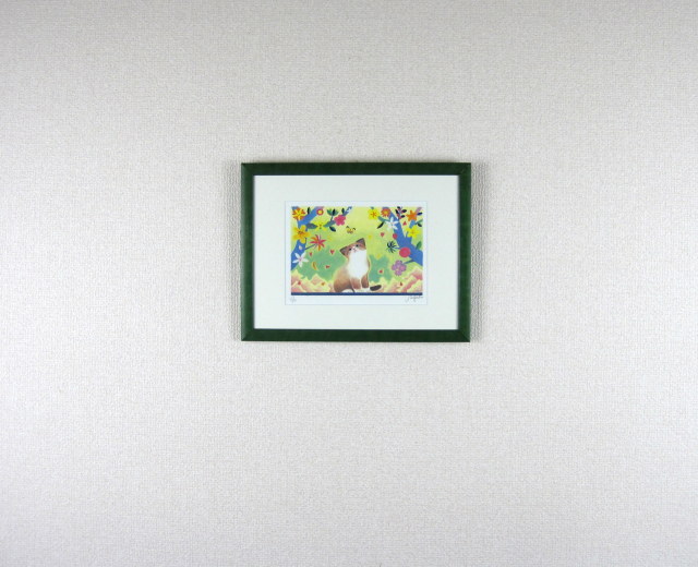 和代人平「チョウを見上げる子猫」リトグラフ・ 額寸・415×323mm