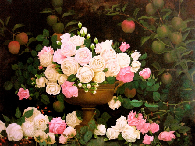 志村好子【薔薇】肉筆油彩画　直筆サインあり バラの絵・志村好子「野にある薔薇」油彩・50F”薔薇の祭典”