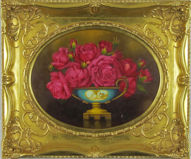 薔薇の絵・志村好子「薔薇」（赤色）・油絵・F6変形丸型