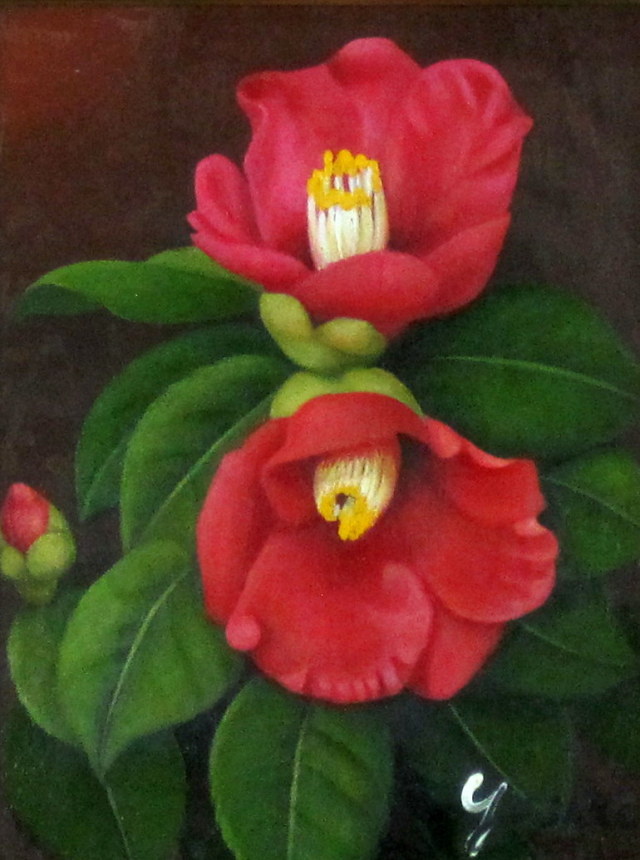 送料無料】志村好子「椿」（赤）・油彩・Ｆ０（小品）