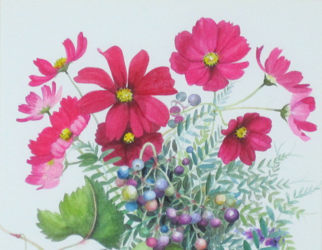 蝶　絵画　コスモス　水彩画 誰でも描けるハガキ絵💕【コスモス】水彩画・花・初心者