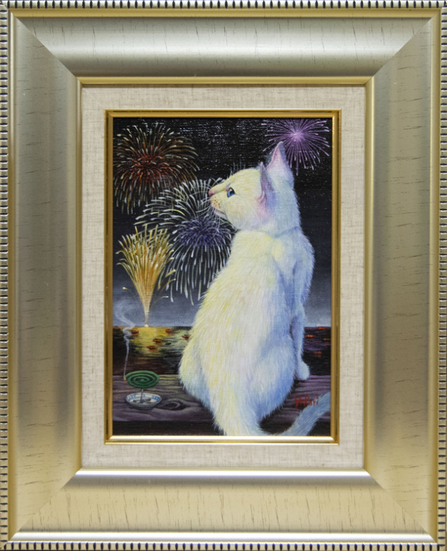花火に映える美しい白猫” 海上ゆかり「花火」アクリルSM370×302mm