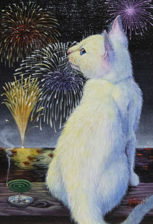 花火に映える美しい白猫” 海上ゆかり「花火」アクリルSM370×302mm