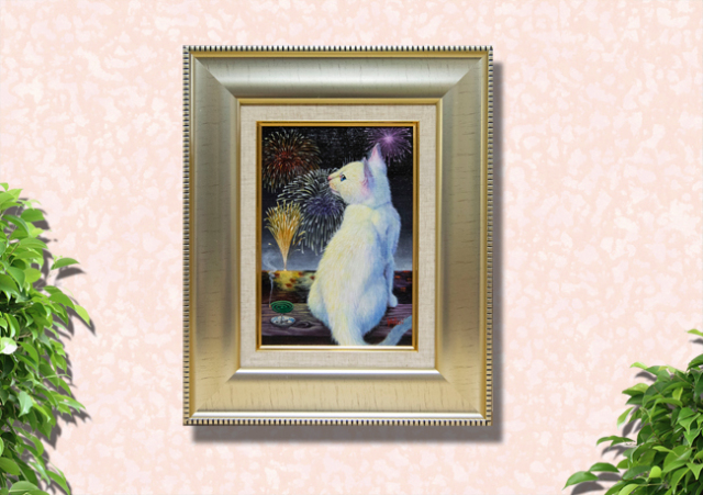 花火に映える美しい白猫” 海上ゆかり「花火」アクリルSM370×302mm