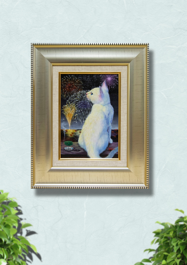 花火に映える美しい白猫” 海上ゆかり「花火」アクリルSM370×302mm