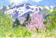 「信州の春」油彩画 F4 絵画 信州風景画・山岳風景画（山と桜の絵）足立一夫「八ヶ岳の春