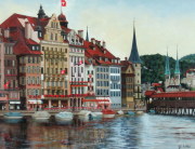 イギリス2階建て、街の風景 油彩画 イギリス2階建て、街の風景 油彩画