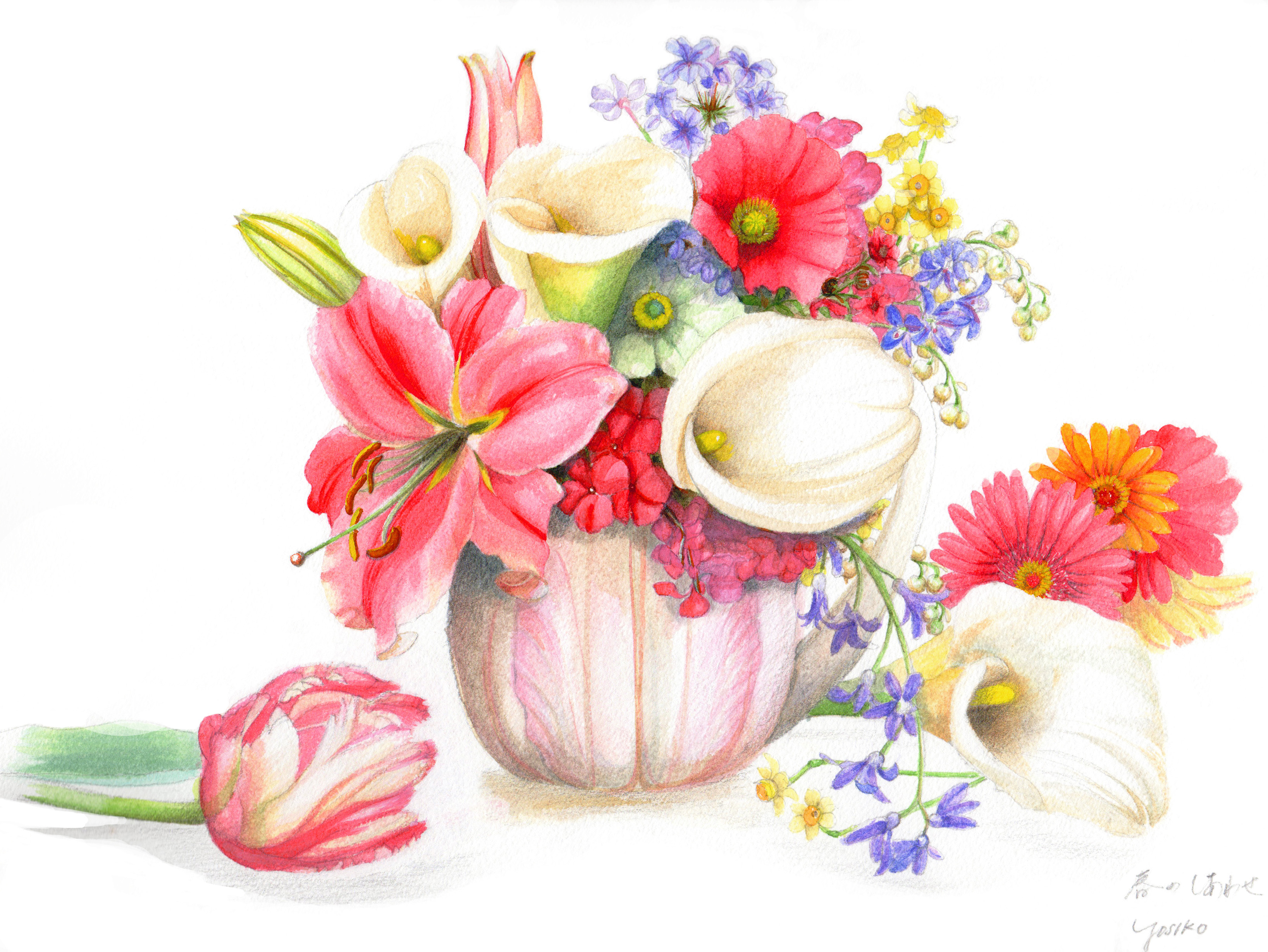 志村好子「」春のしあわせ」水彩画（画寸337×408mm）