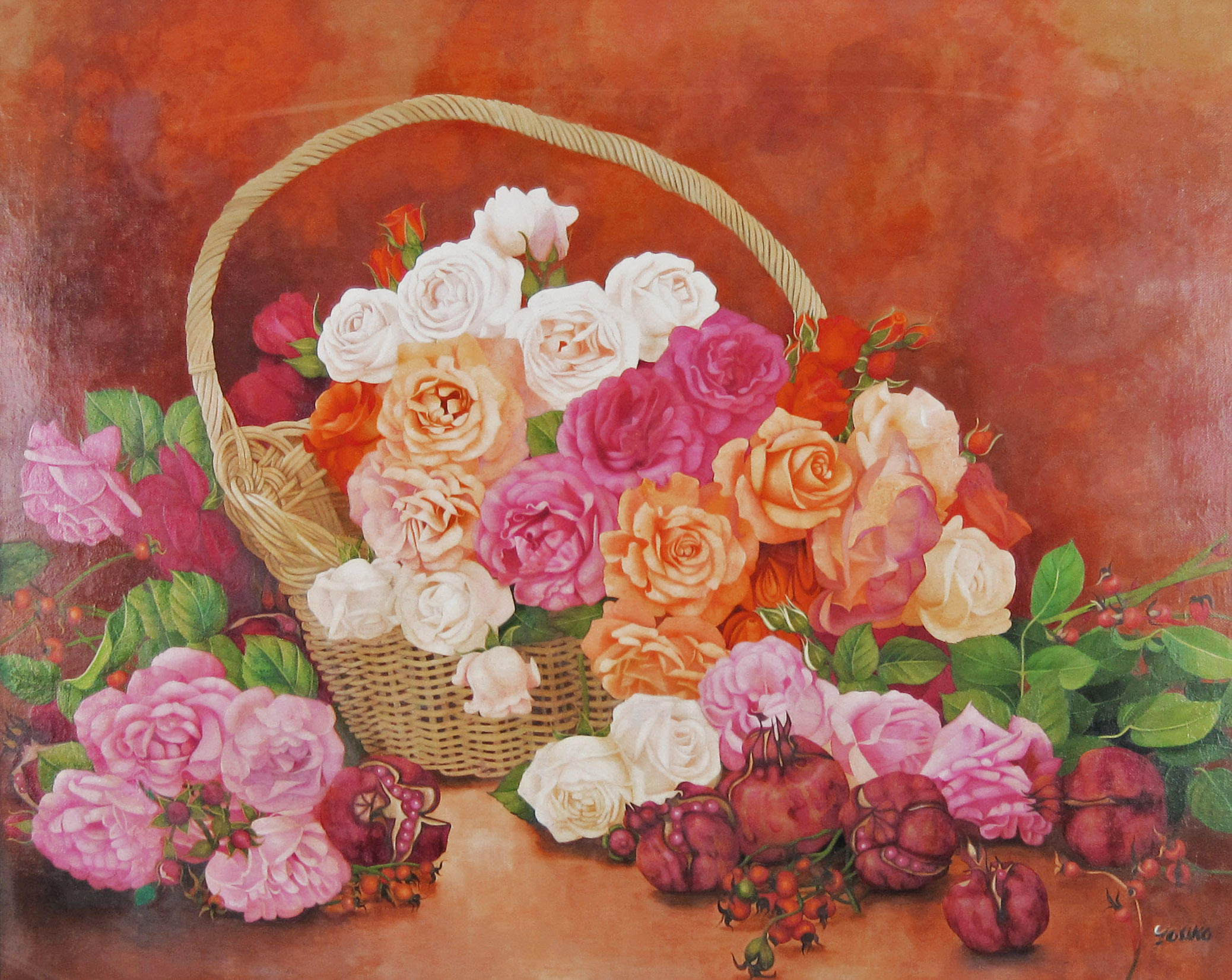 花の絵・　志村好子　「花かご」　油彩　Ｆ３０　外寸950×1132mm