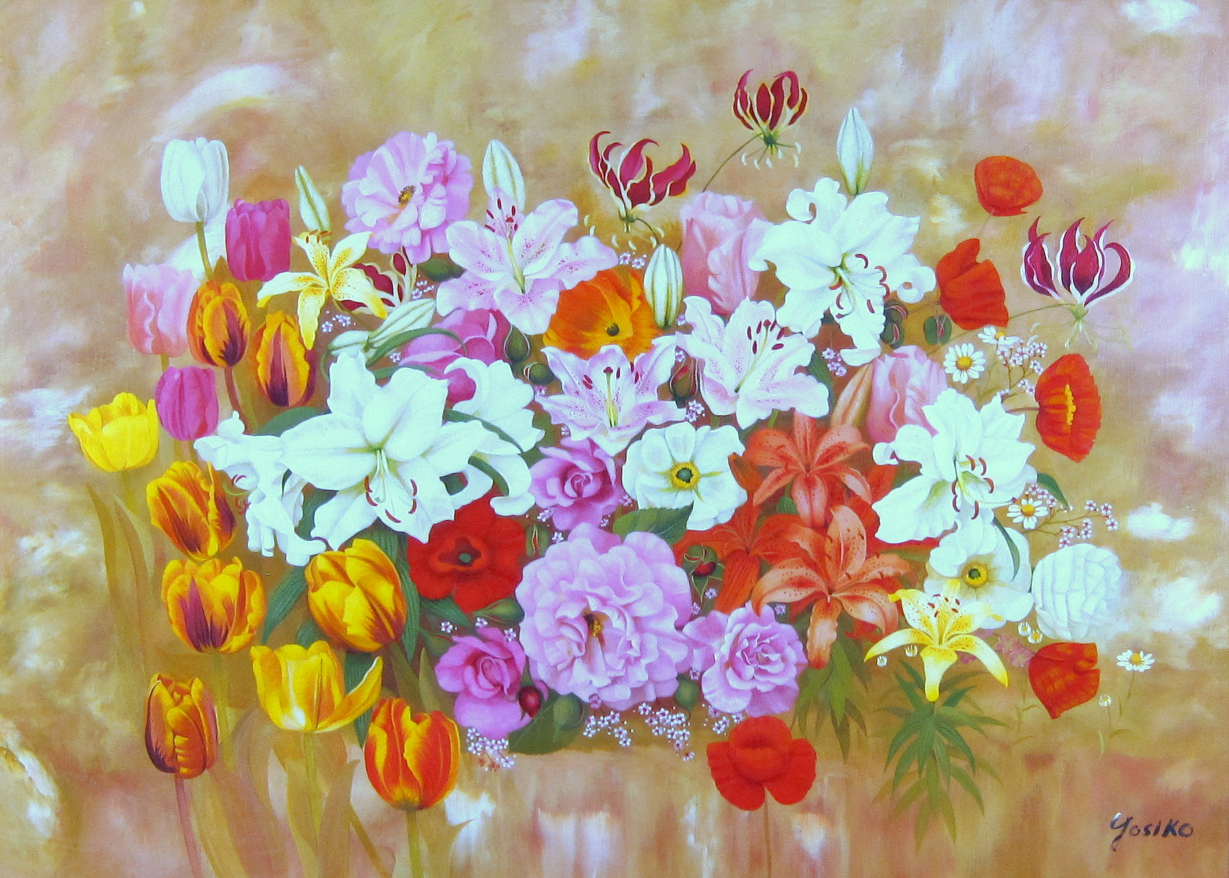 花の絵・　志村好子　「花盛り」　油彩　Ｐ３０　外寸950×1134mm