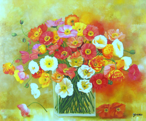 ポピーの絵・志村好子「ポピー」油彩・Ｆ２０・額寸830×950mm”陽だまりの花・ポピーを描いた大型絵画”