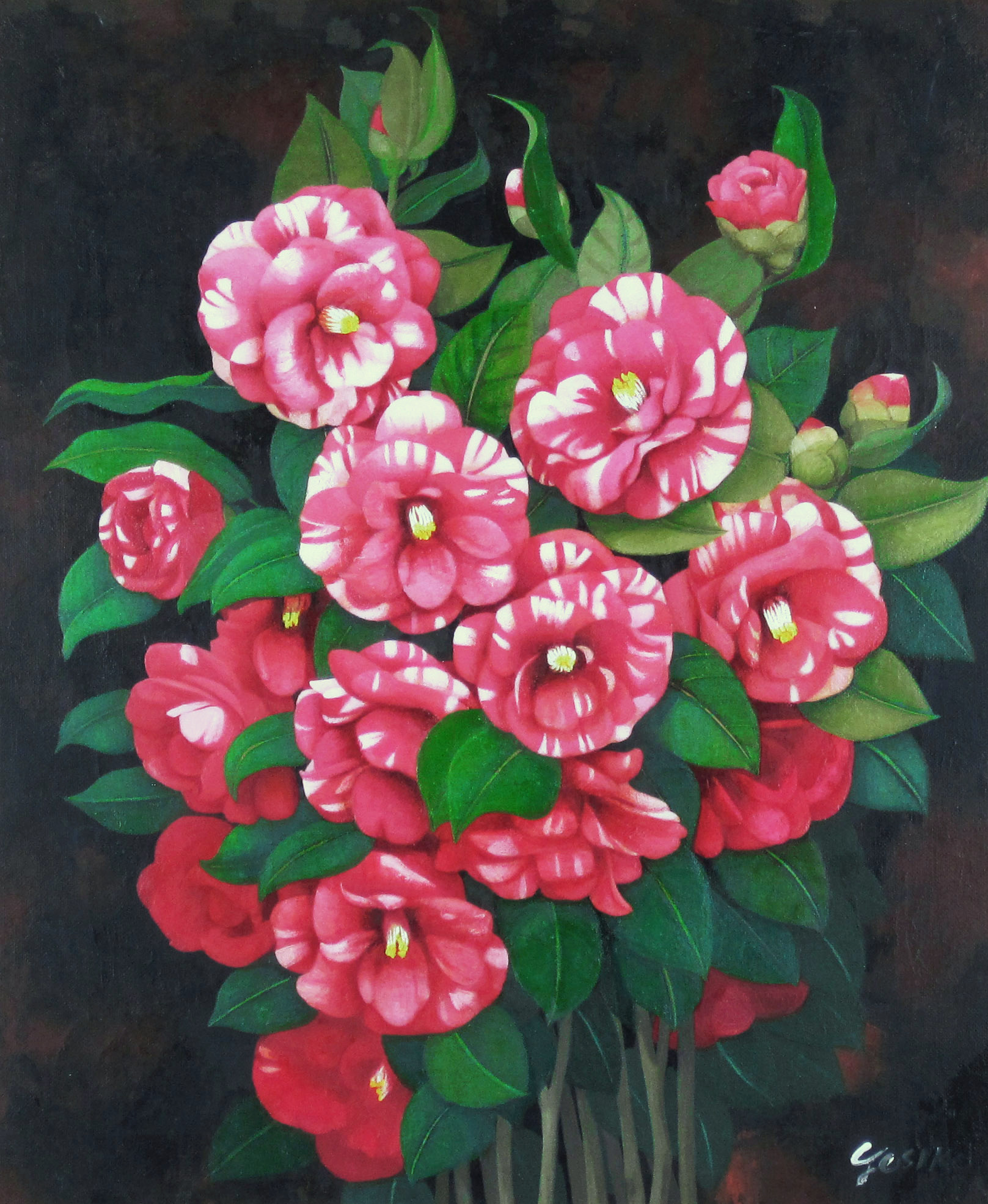 花の絵　・志村好子　「大乱」（椿）　油彩　Ｆ8　外寸676×603mm