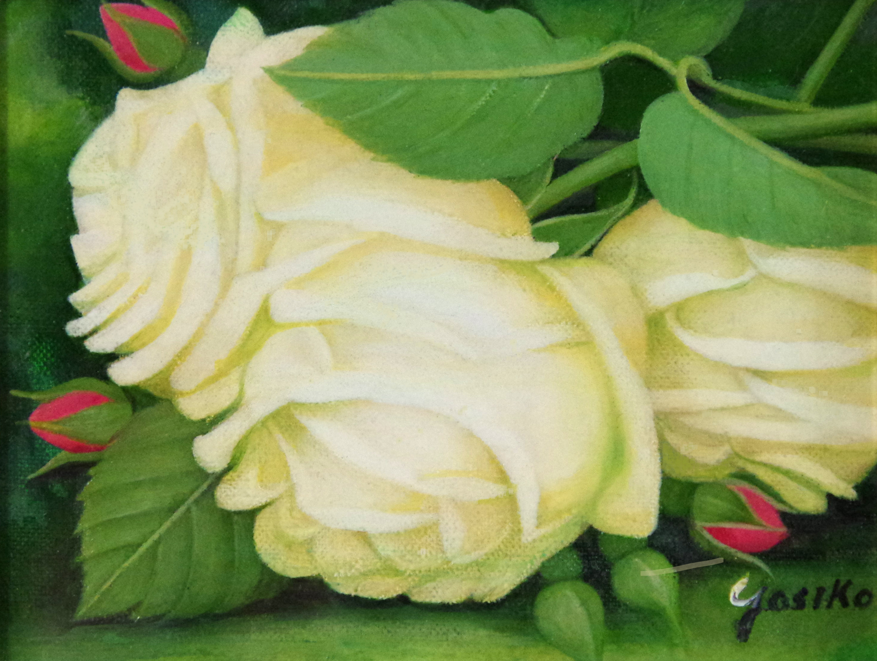 バラの絵・志村好子「薔薇」（白）・油彩・Ｆ０・額寸362×401mm