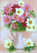 花の絵・志村好子　「花心」（ピンクのコスモス）　油彩　Ｆ４　外寸555×463mm