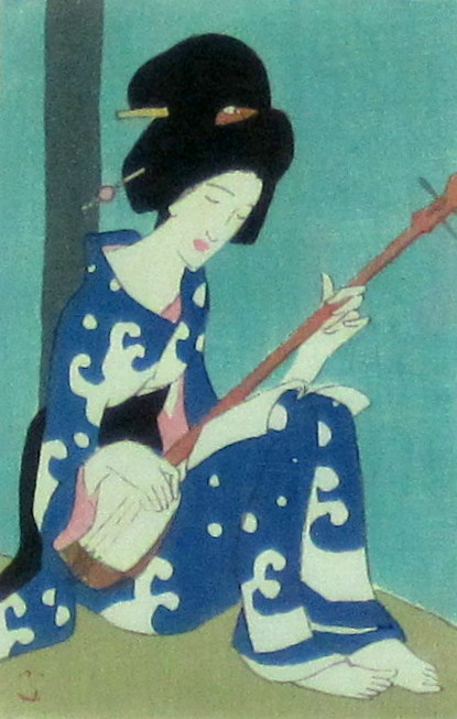 竹久夢二　「つまびき　」木版画　大正４年　「三味線草」より　外寸・330×400mm