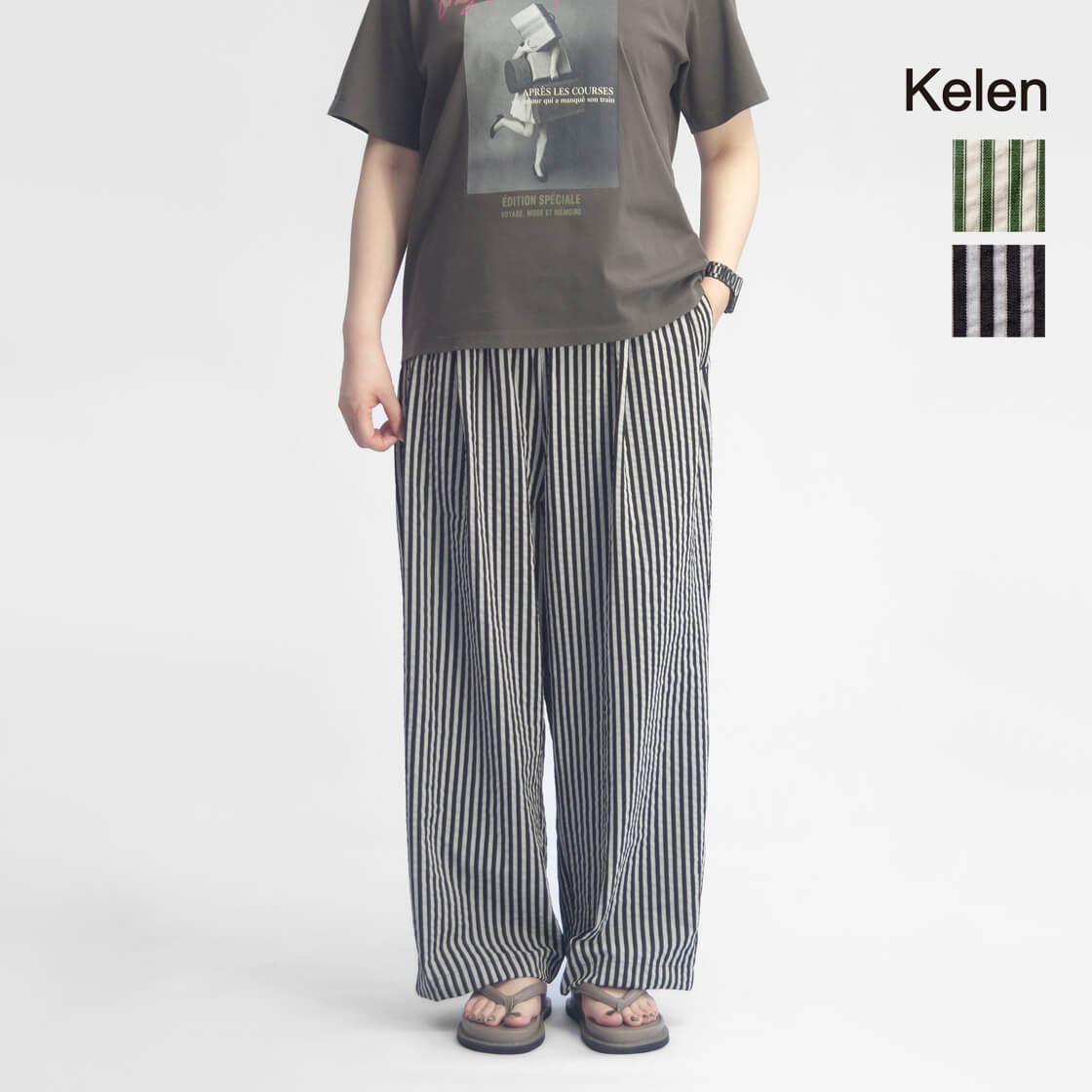 KELEN ケレン STRIPE GRAY ストライプ ワイド ストレート ２タック イージーパンツ レディース
