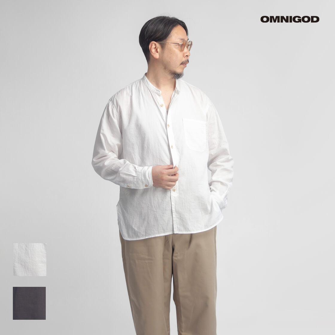OMNIGOD オムニゴッド ダブルガーゼ バンドカラーワークシャツ 日本製 メンズ