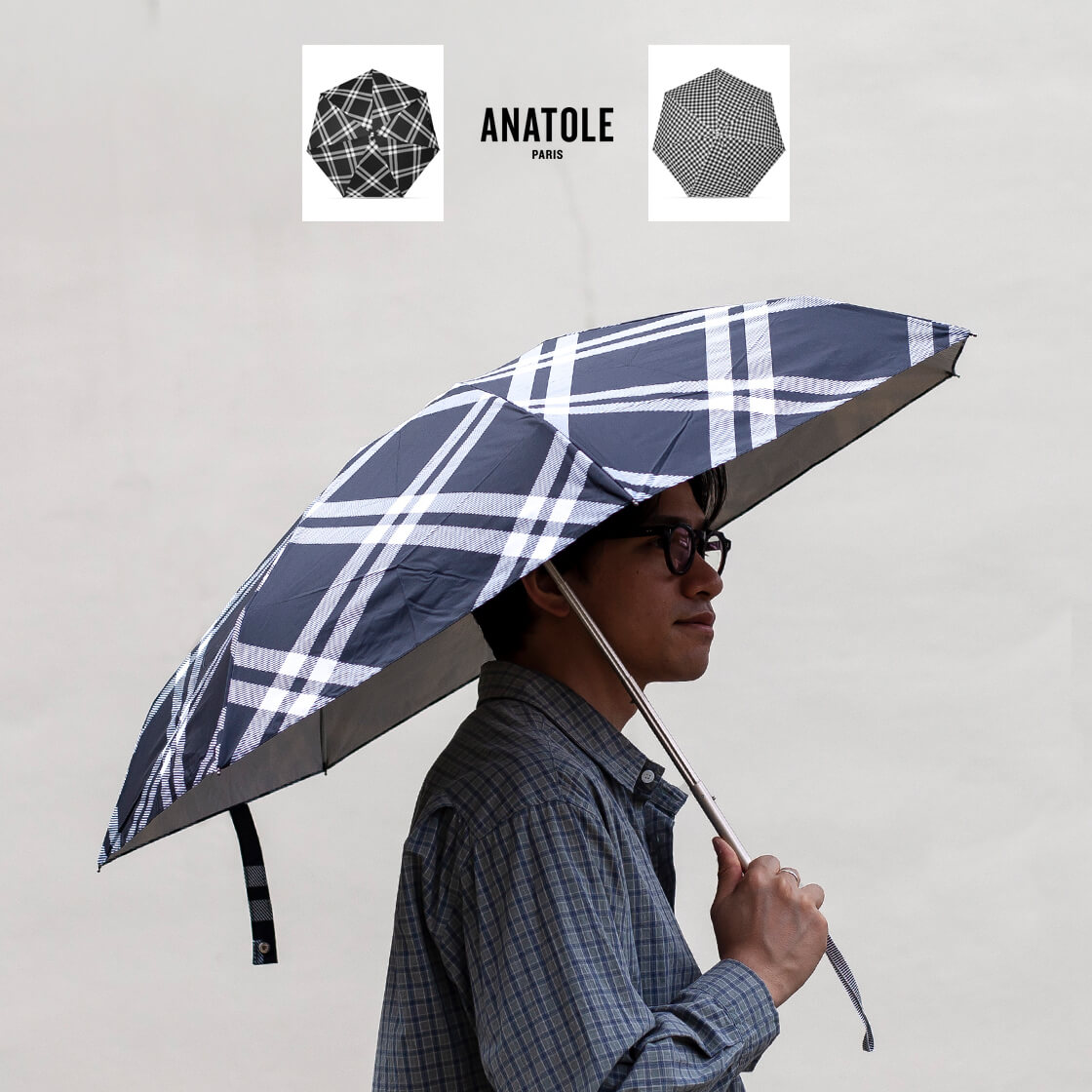 ANATOLE アナトール 完全遮光 晴雨兼用 折りたたみ傘 日傘 TWEED＆CHECK UPF50+ 遮光100％ 軽量 UVカット メンズ レディース