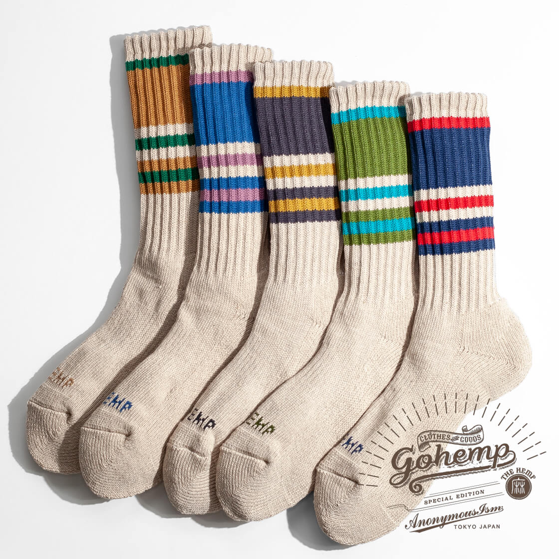 AnonymousIsm アノニマスイズム GOHEMP ゴーヘンプ ランダムラインパイル 麻 クルーソックス 日本製 靴下 メンズ
