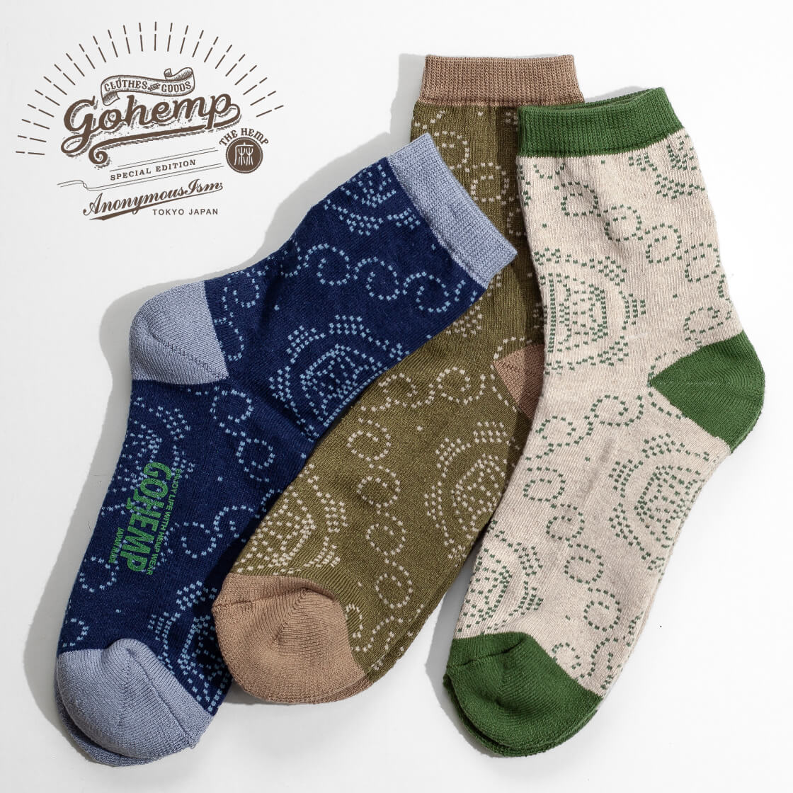 GOHEMP ゴーヘンプ AnonymousIsm アノニマスイズム 麻の葉文様 総柄 コットンヘンプ クォーターソックス 日本製 靴下 メンズ