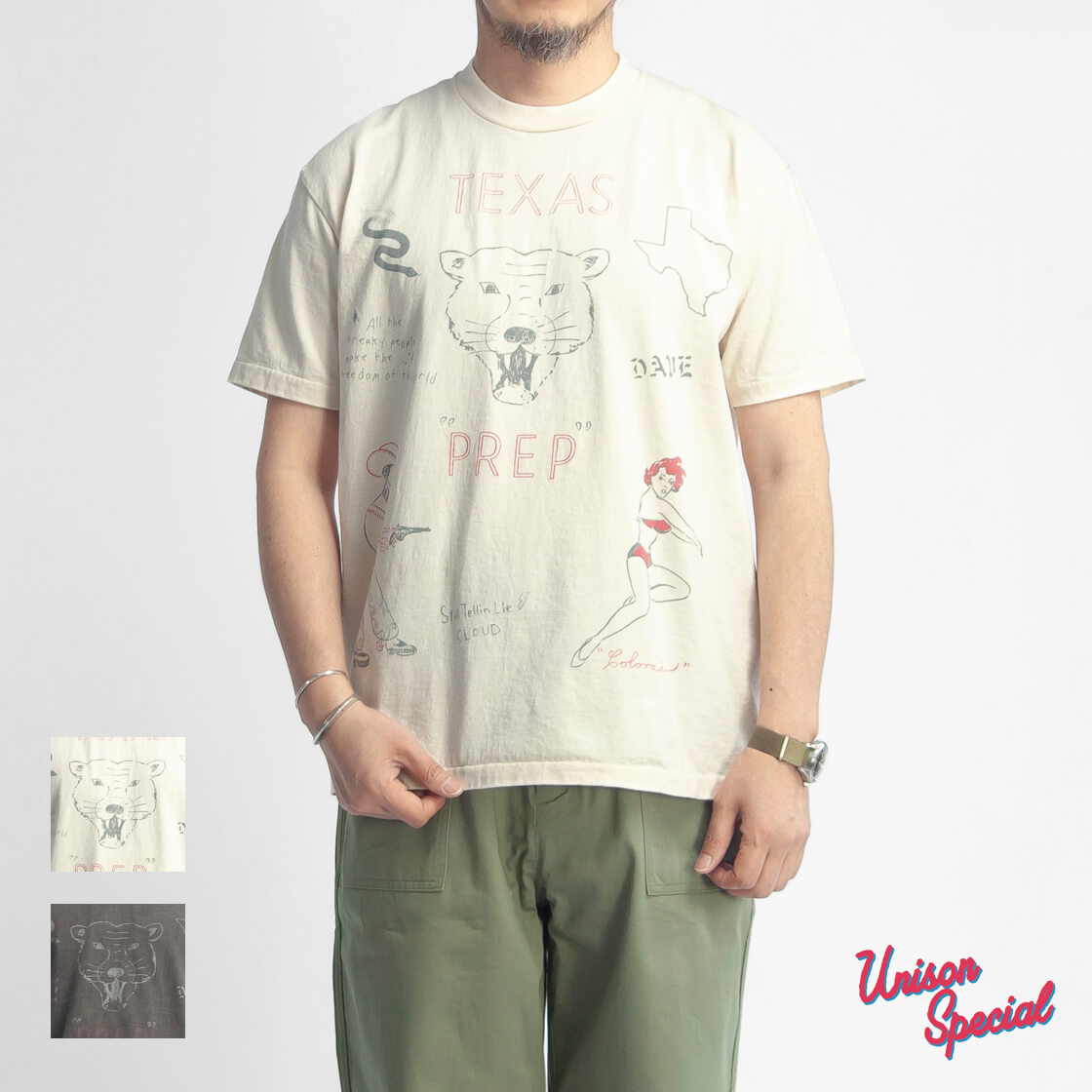 Unison Special ユニゾンスペシャル ジャイアント チューブ ピグメント テキサス プリントTシャツ 日本製 メンズ