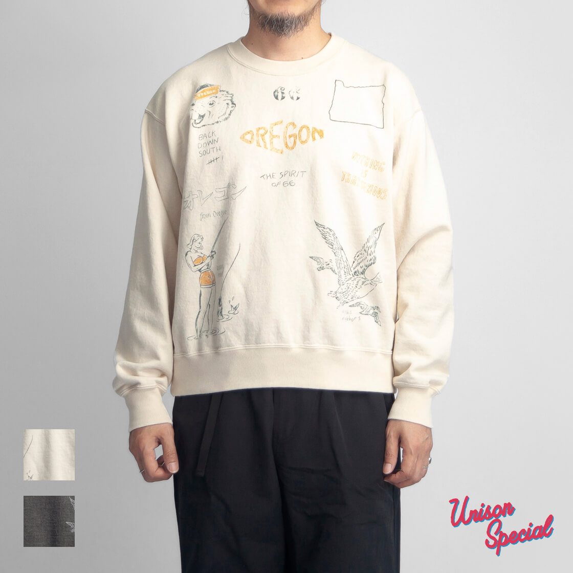Unison Special ユニゾンスペシャル No.10 オレゴン プリント クルーネック スウェット 裏毛 日本製 メンズ