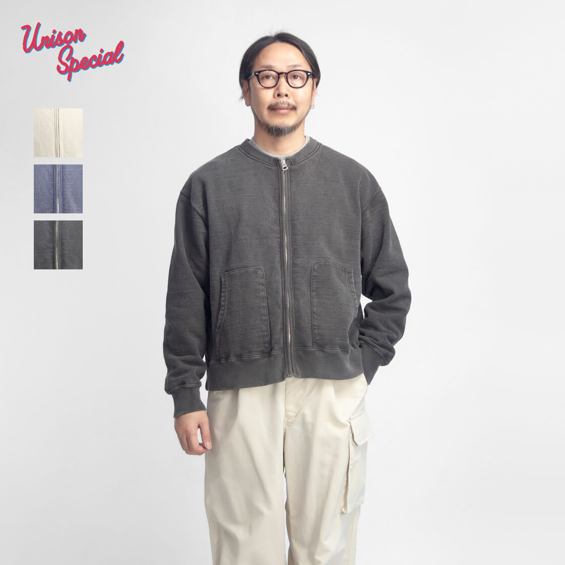 Unison Special ユニゾンスペシャル ピグメント裏毛 クルーネック ZIPスウェット カーディガン 日本製 メンズ