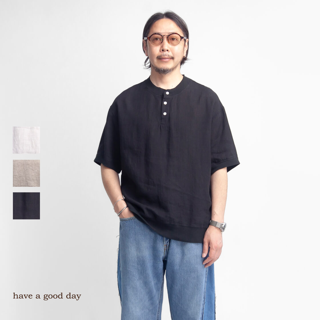 have a good day ハブアグッドデイ 麻100％ リネン ヘンリーネック半袖シャツ 日本製 メンズ