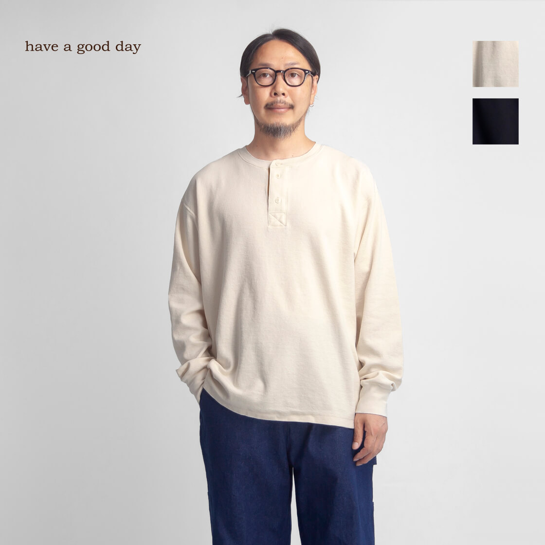 have a good day ハブアグッドデイ ワッフルサーマル ヘンリーネック 長袖Tシャツ カットソー 日本製 メンズ