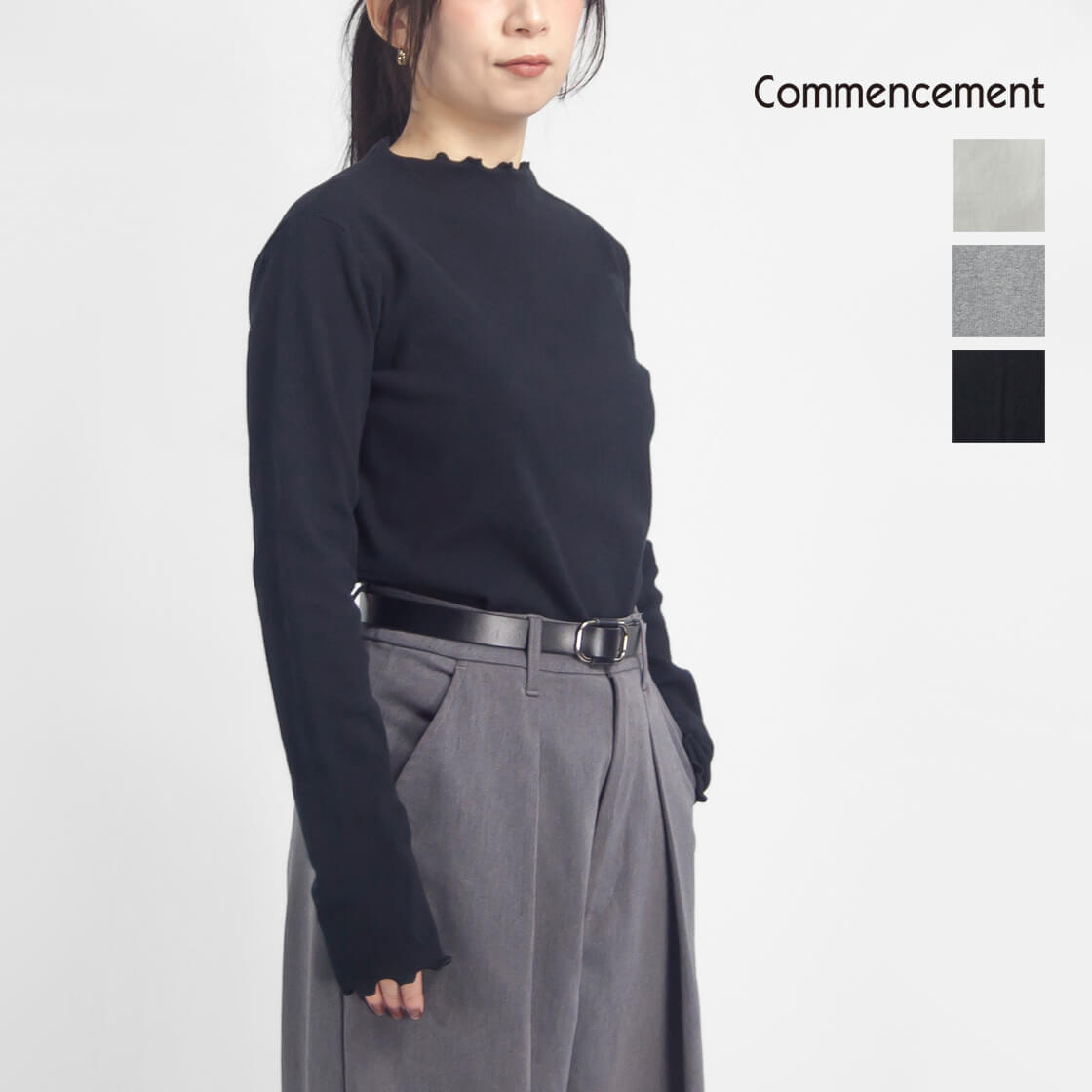 COMMENCEMENT コメンスメント テレコ メロー ハイネック 長袖カットソー 日本製 C-285 レディース