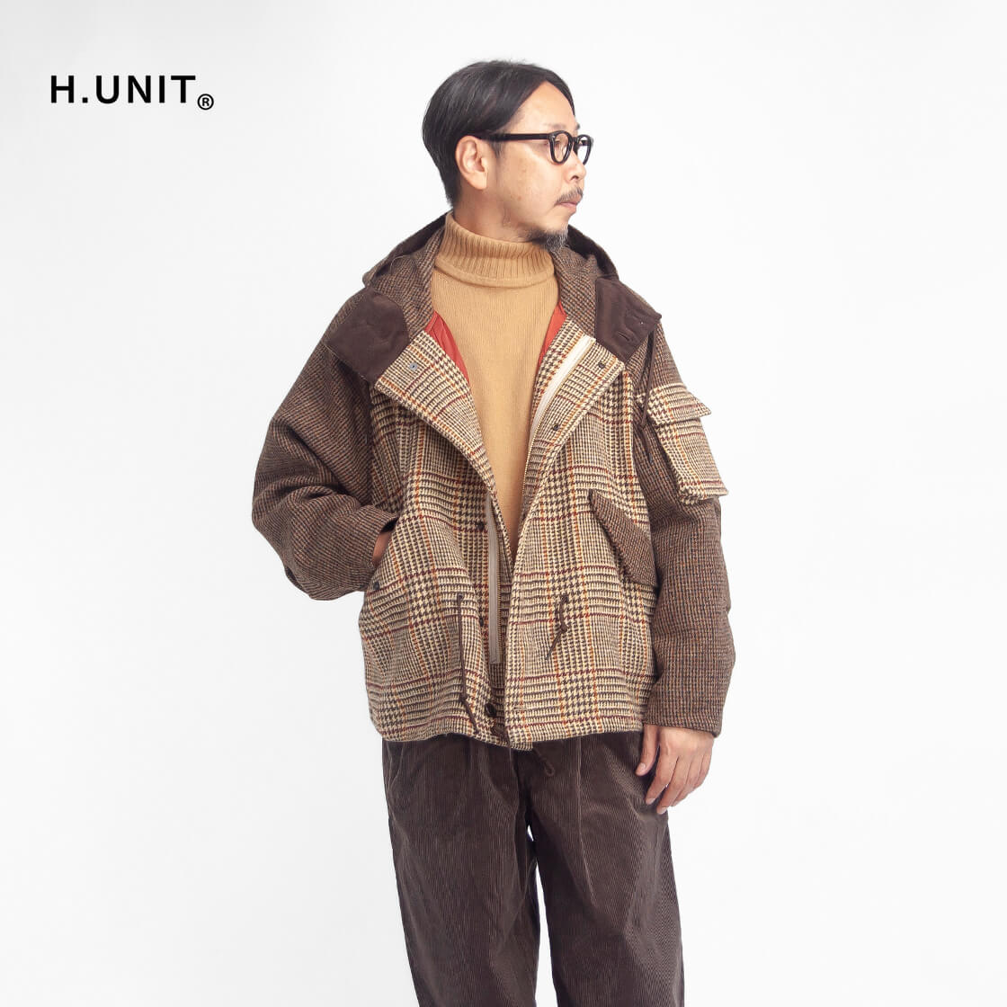 H.UNIT エイチユニット ハリスツイード 切り替え フードジャケット M-51 ショートモッズ 日本製 メンズ