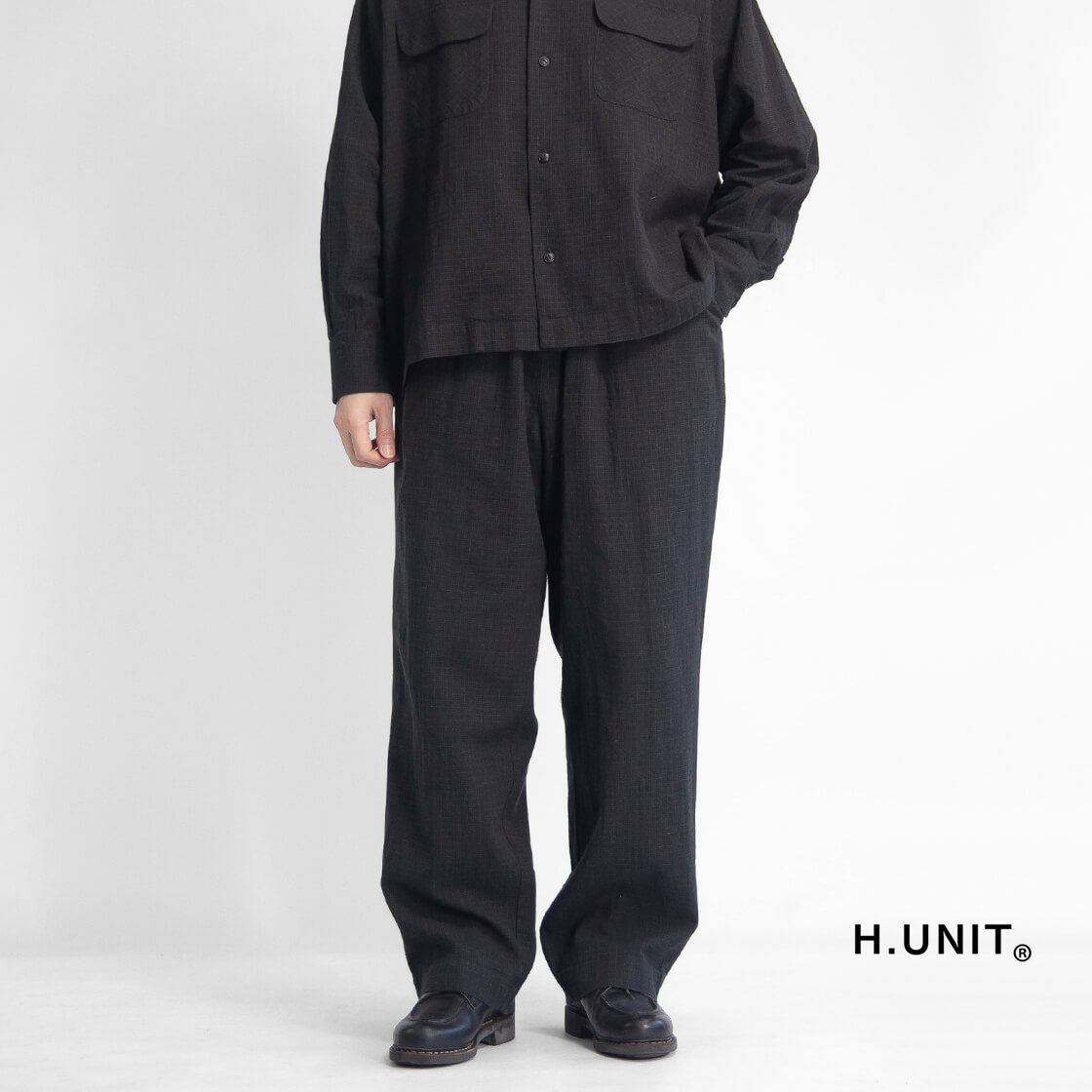 H.UNIT エイチユニット 綿麻ネップチェック ワイドテーパードイージーパンツ