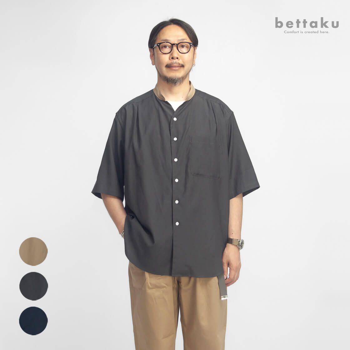 Bettaku ベッタク レーヨンコットン 配色 変形バンドカラー ハーフスリーブシャツ 日本製 メンズ