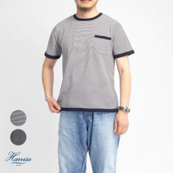 Harriss ハリス 強撚天竺 ナローボーダーニットTシャツ メンズ