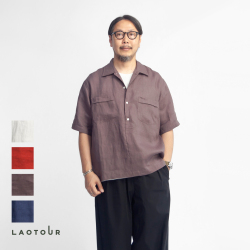 LAOTOUR 麻100％ フレンチリネン プルオーバーオープンカラー半袖シャツ メンズ