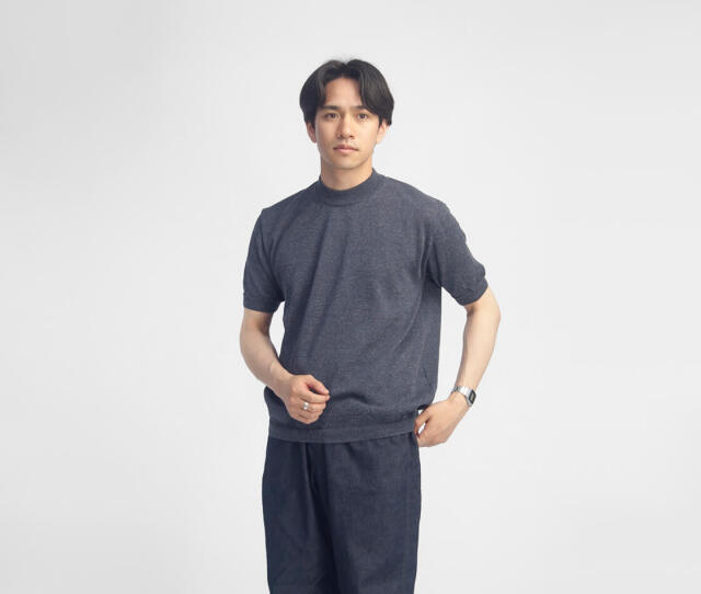 極美品 CLUBHAUS soglia モックネック ニット 半袖 XL Soglia ソリア リネン混 ジョーゼット モックネックニットTシャツ 日本