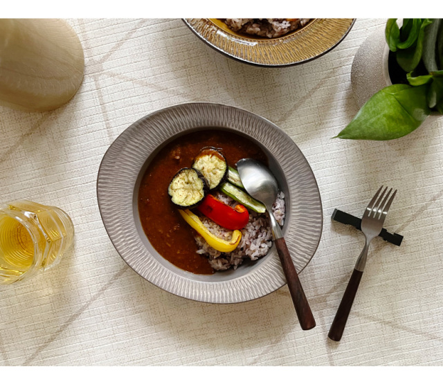 小石原焼 森山實山窯 飛び鉋 楕円鉢 カレー皿 パスタ皿 グレー 陶器