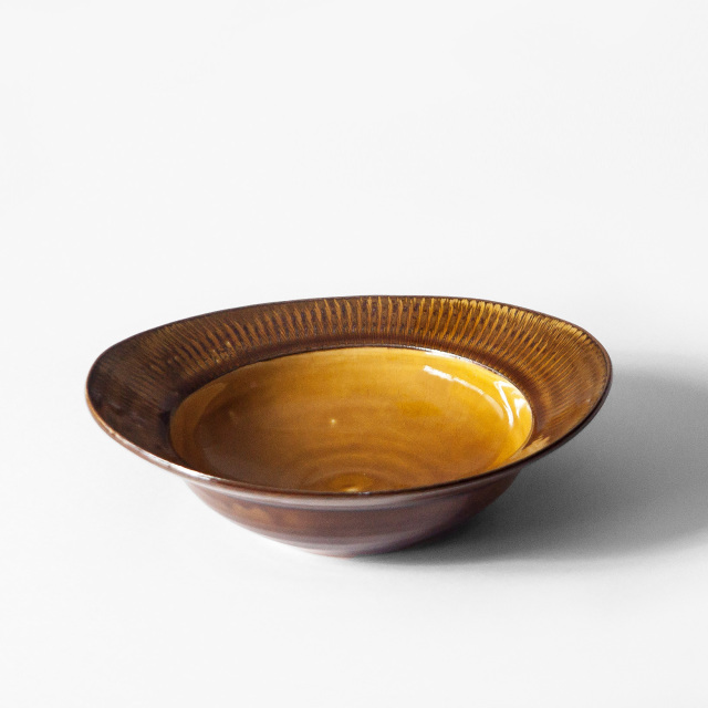 小石原焼 森山實山窯 飛び鉋 楕円鉢 カレー皿 パスタ皿 ブラウン 飴色