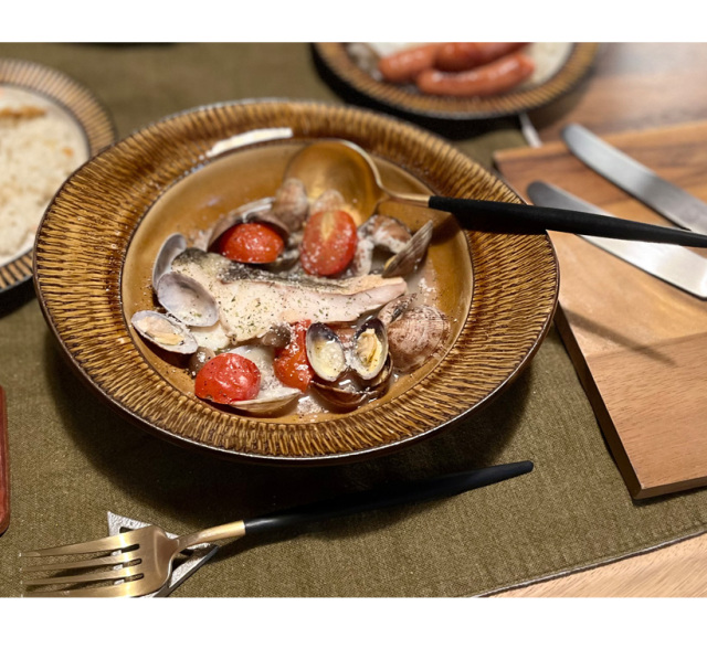 小石原焼 森山實山窯 飛び鉋 楕円鉢 カレー皿 パスタ皿 ブラウン 飴色