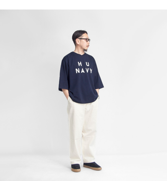 H.UNIT エイチユニット 40／2天竺 Vネック 7分袖プリントTシャツ