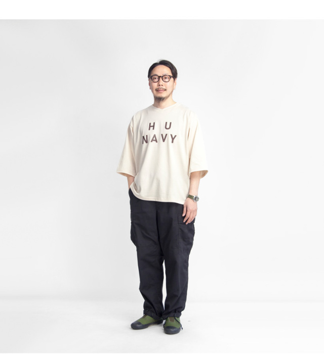 H.UNIT エイチユニット 40／2天竺 Vネック 7分袖プリントTシャツ
