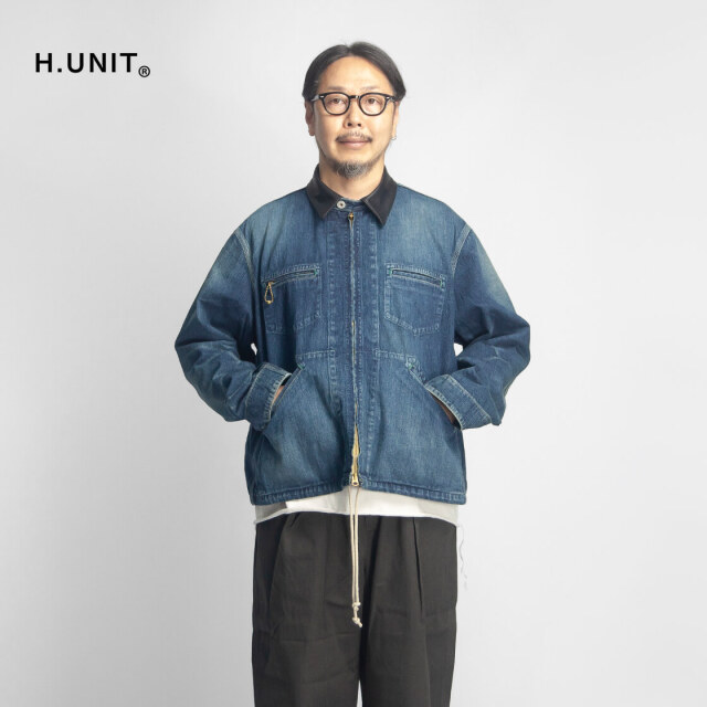 H.UNIT エイチユニット 本革襟 ネップデニム USED加工 ジップワーク
