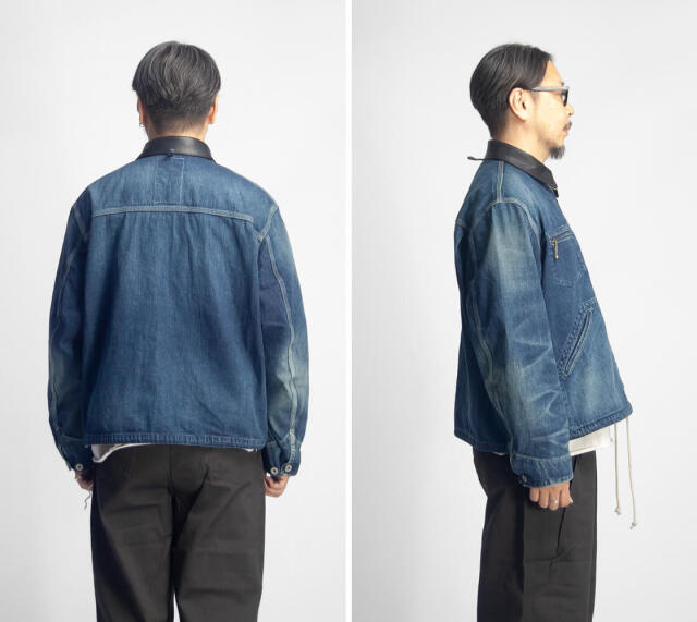 H.UNIT エイチユニット 本革襟 ネップデニム USED加工 ジップワーク