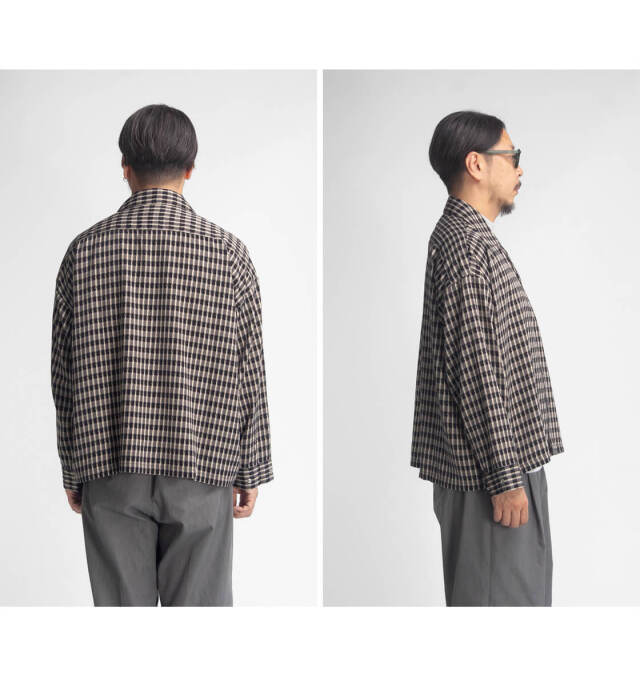LAOTOUR グラフィカルチェック柄 ショート丈 オープンカラー長袖シャツ